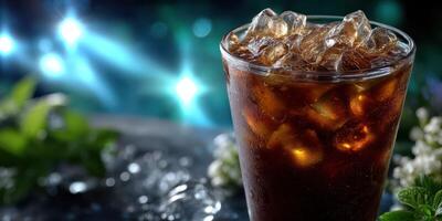 Refreshing glass of iced beverage with mint leaves against a sparkling blue background photo