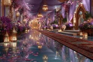 Enchanted hall adorned with flowers and lanterns at dusk creates a magical atmosphere for a celebration photo