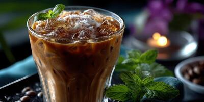 Refreshing iced coffee with mint garnish served on a dark table with soft lighting photo