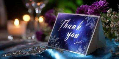 Thank you card displayed on a table with candles and purple flowers at a formal evening event photo