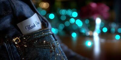 Note of gratitude tucked in a denim pocket with decorative lighting in the background during an evening gathering photo
