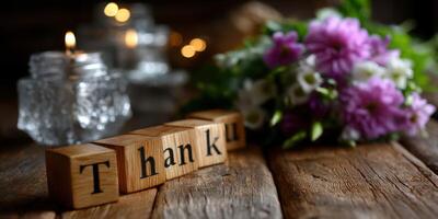 Thank you display with wooden blocks, candlelight, and fresh flowers creating a warm atmosphere photo