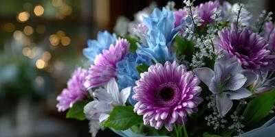 Vibrant bouquet of mixed flowers in a cozy setting during a festive gathering photo