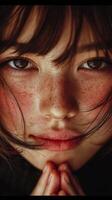 Close-up portrait of a young woman with freckled skin expressing contemplation indoors during soft lighting photo