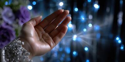 Hand reaching out to shimmering lights during a festive celebration in an indoor setting at night photo