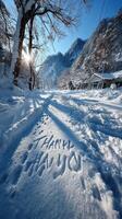 Snowy path with heartfelt message carved in frost during winter's morning light in a serene mountainous village photo