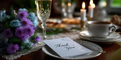 Elegant dining setup with flowers and thank you card for a special occasion photo