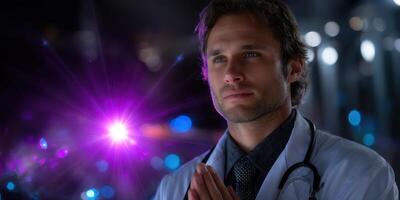 Medical professional in a lab focused on a bright light source during advanced research or experimentation photo
