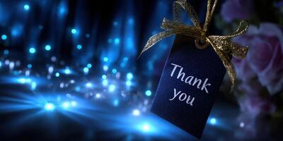 Elegant thank you tag on a blue shimmering background with soft lights, perfect for expressing gratitude in any occasion photo