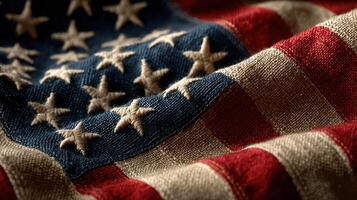 Close-up view of a vintage American flag fabric displaying intricate details and textures in bold colors photo