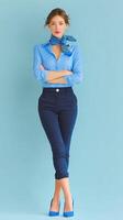 Model poses confidently in a light blue shirt and navy pants against a pastel background in a professional studio setting photo