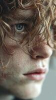 Close-up of a child's face with curly hair displaying emotions and intricate details in soft lighting photo
