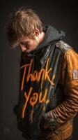 Young man in a distressed outfit expresses gratitude in a creative and artistic way with vivid colors and textures photo