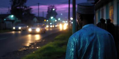 Evening lights illuminate a quiet street as a man in traditional attire gazes thoughtfully in a vibrant urban atmosphere photo
