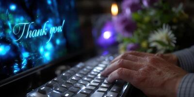 Person typing a message of gratitude on a keyboard with flowers and soft lighting in the background photo