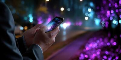Man using smartphone in vibrant night setting with colorful lights and blurred background photo