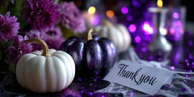 Elegant fall decoration featuring pumpkins and flowers for a thank you celebration photo