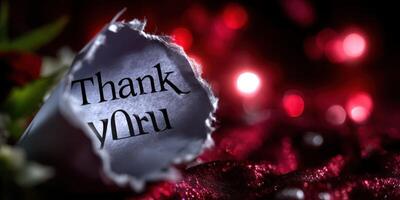 Thank you note on torn paper with blurred red background lights creating a warm atmosphere photo
