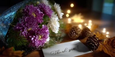 Beautiful bouquet of flowers with a thank you note and warm lighting creating a cozy atmosphere in an indoor setting photo