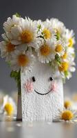 Fun floral arrangement featuring cheerful smiling face with daisies atop a decorative card photo