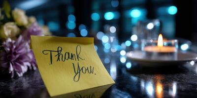 Creative thank you note on a table with flowers and a candle in a cozy evening setting photo