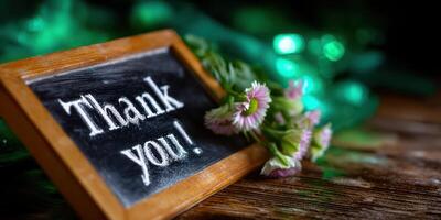 Small chalkboard with thank you message and flowers in a cozy setting during evening photo