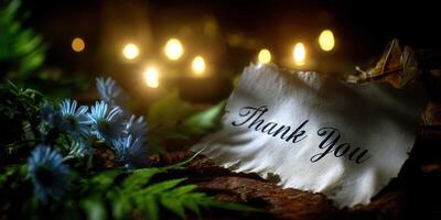 Thank you note surrounded by soft greenery and glowing candles at a serene evening gathering photo