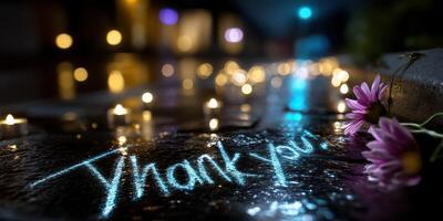 Thank you written in glowing script on a wet surface surrounded by candles and flowers during nighttime photo