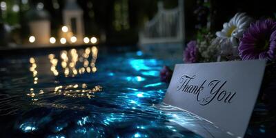 Thank you card floating in a serene pool illuminated by candles at night photo