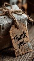 Thoughtful gift with rustic tag expressing gratitude placed on wooden surface for a special occasion photo