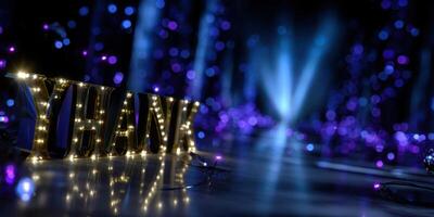 Decorative lights spell thank on a dark stage with purple bokeh in the background during an evening event photo