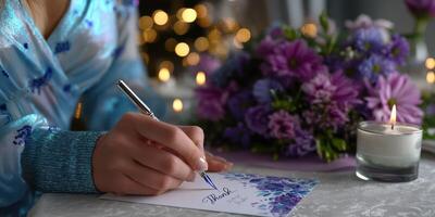 Writing a thank you note with a flower bouquet and candle at a cozy indoor setting during a festive evening photo