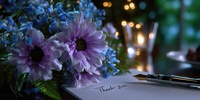 Elegant stationery with flowers and a fountain pen on a table at night, creating a serene atmosphere for gratitude photo