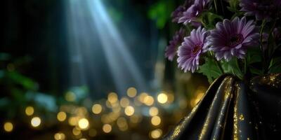 Beautiful purple flowers under soft light with twinkling background decorations in a serene indoor setting photo