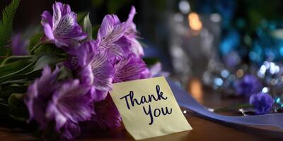 Colorful flowers and a thank you note enhance the warm atmosphere for a special occasion photo