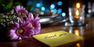 Colorful flowers and a thank you note create a warm and inviting atmosphere for a dinner gathering at night photo