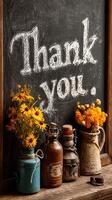 Vintage decor featuring a thank you message with flowers and bottles in a cozy setting photo