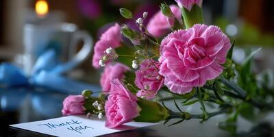 Bright pink carnations with a thank you note on a table in a cozy setting, perfect for expressing gratitude photo