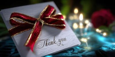 Elegant thank you card adorned with a red ribbon and surrounded by candles and flowers in a romantic setting photo