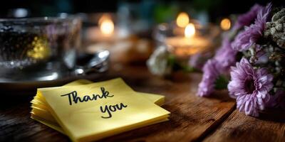Grateful notes and candlelight create a warm atmosphere for appreciation at a dinner setting photo
