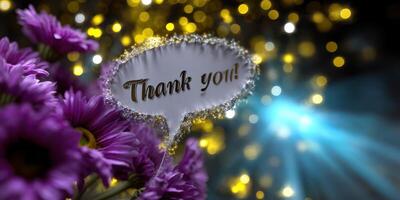 Vibrant thank you message surrounded by purple flowers and shimmering lights in a festive atmosphere photo