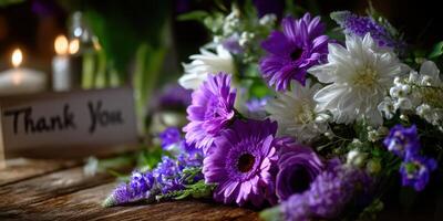 Beautiful assortment of purple and white flowers with a thank you note on a rustic wooden table photo