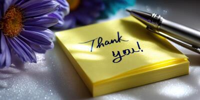Bright yellow sticky note with thank you message beside purple flowers and a pen in a cozy, well-lit setting photo