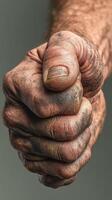 Close-up of a clenched, dirty hand showcasing strength and resilience in a textured surface against a neutral background photo