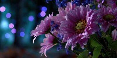 Vibrant flowers in soft focus against a dreamy bokeh background at dusk photo