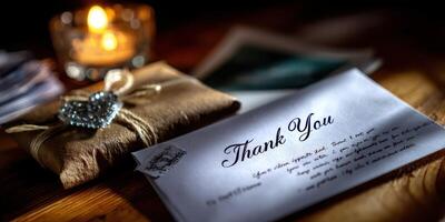 Thank you letter with gift on a wooden table illuminated by candlelight creating a cozy atmosphere photo