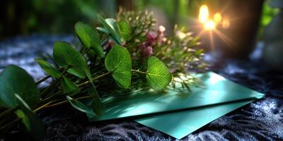 Green envelopes and greenery on a table with soft lighting in a serene outdoor setting during early evening photo
