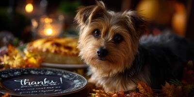 Cute dog sitting near a beautifully decorated autumn table with pie and fallen leaves during a cozy gathering photo