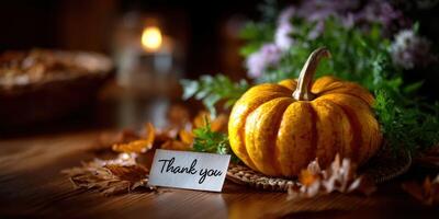Autumn decor featuring a pumpkin with a handwritten thank you note on a rustic wooden table photo