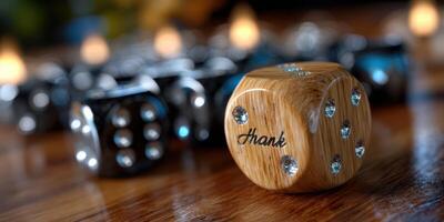 Elegant wooden dice with gem embellishments scattered on a table during a cozy game night photo